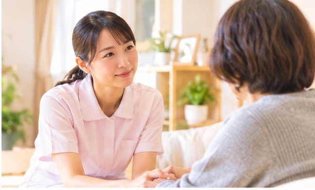 看護師がご利用者さまの相談に耳を傾ける様子