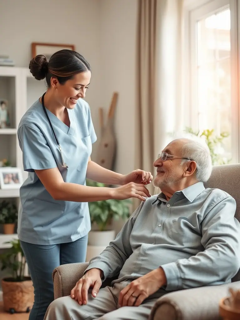 A Japanese caregiver assisting a woman with dementia with daily tasks such as dressing and eating, in a calm and supportive environment, representing dementia care service.