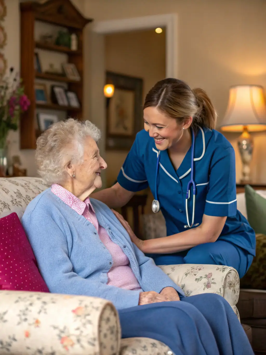 A friendly Japanese nurse assisting an elderly woman with her medication at her home, both smiling, warm lighting, representing medication management service.