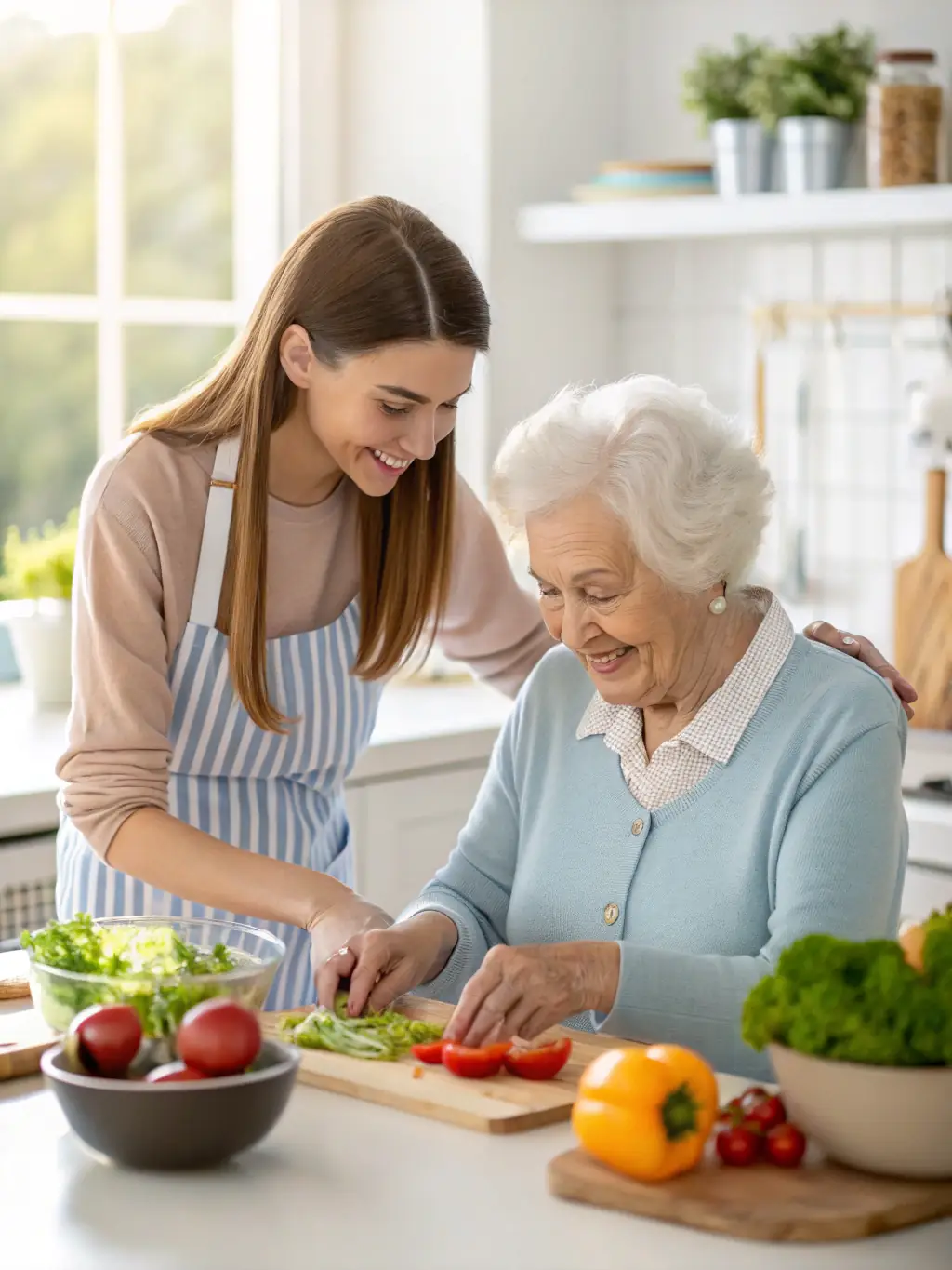A home care aide assisting an elderly Japanese woman with preparing a traditional Japanese meal in her kitchen, emphasizing daily living support.
