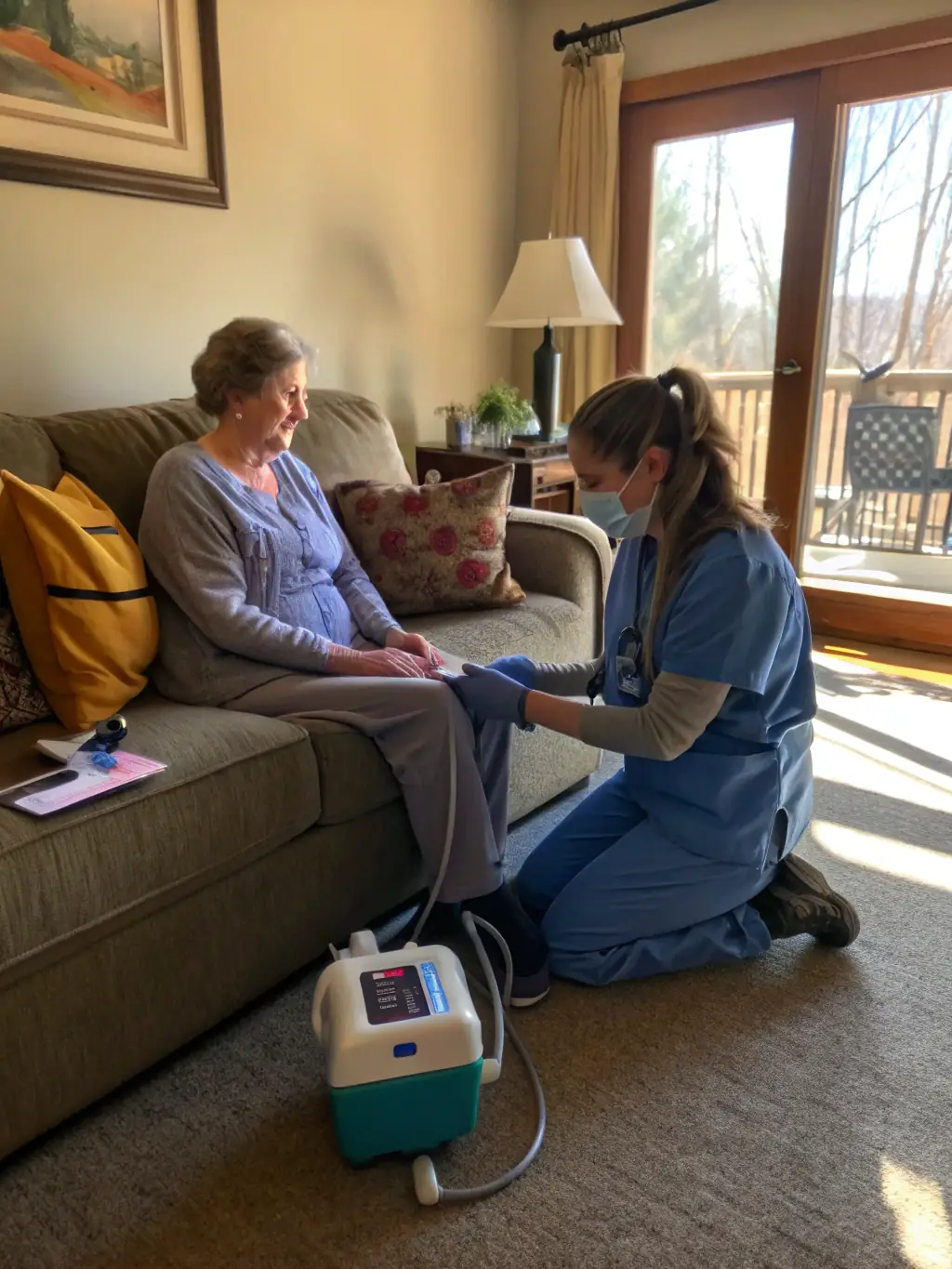 A Japanese nurse checking the vital signs of a patient in a comfortable home setting, with modern medical equipment visible, representing vital signs monitoring service.
