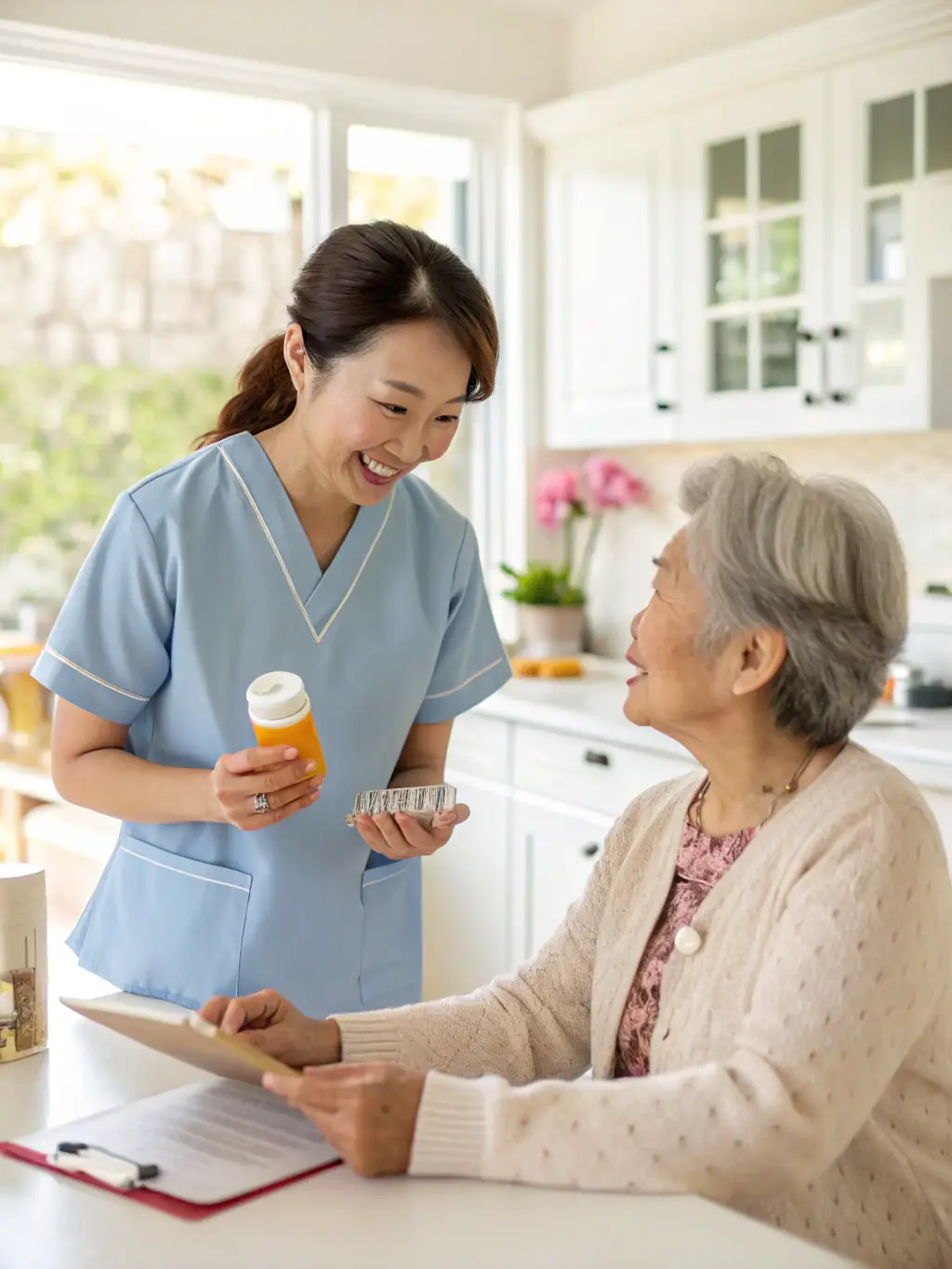 A caring nurse assisting an elderly Japanese woman with her medication at home, both smiling warmly, showcasing personalized care.