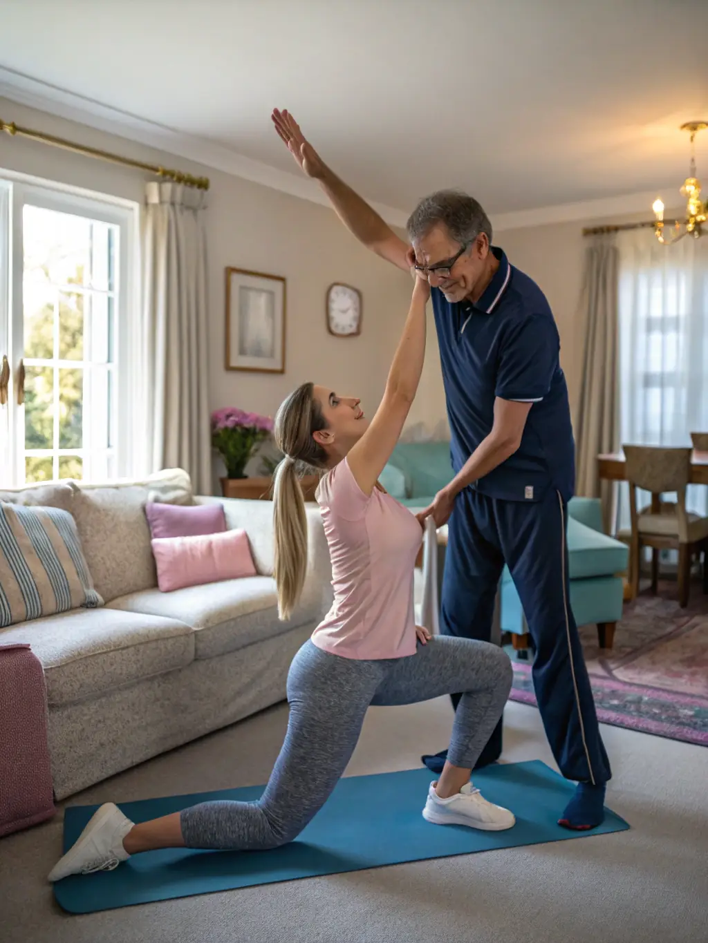 A physical therapist guiding a senior Japanese man through gentle exercises in his living room, focusing on mobility and strength.